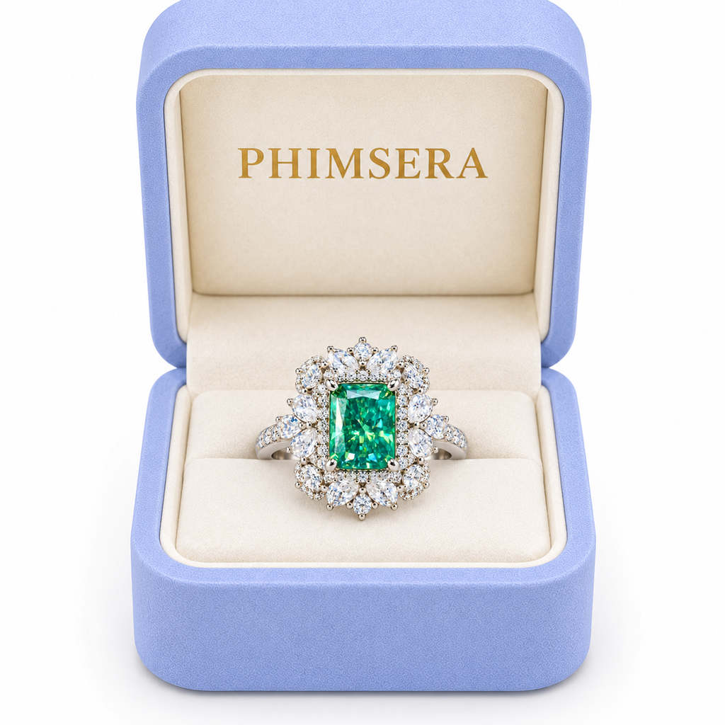 A PHIMSERA brand emerald-cut green gemstone ring with a diamond halo, presented in an open light blue velvet jewelry box with a cream interior.