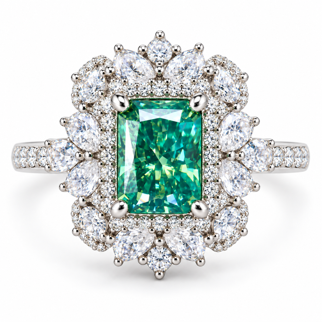 Top view of VVS1 green moissanite radiant cut halo gemstone ring with sparkling accent stones
