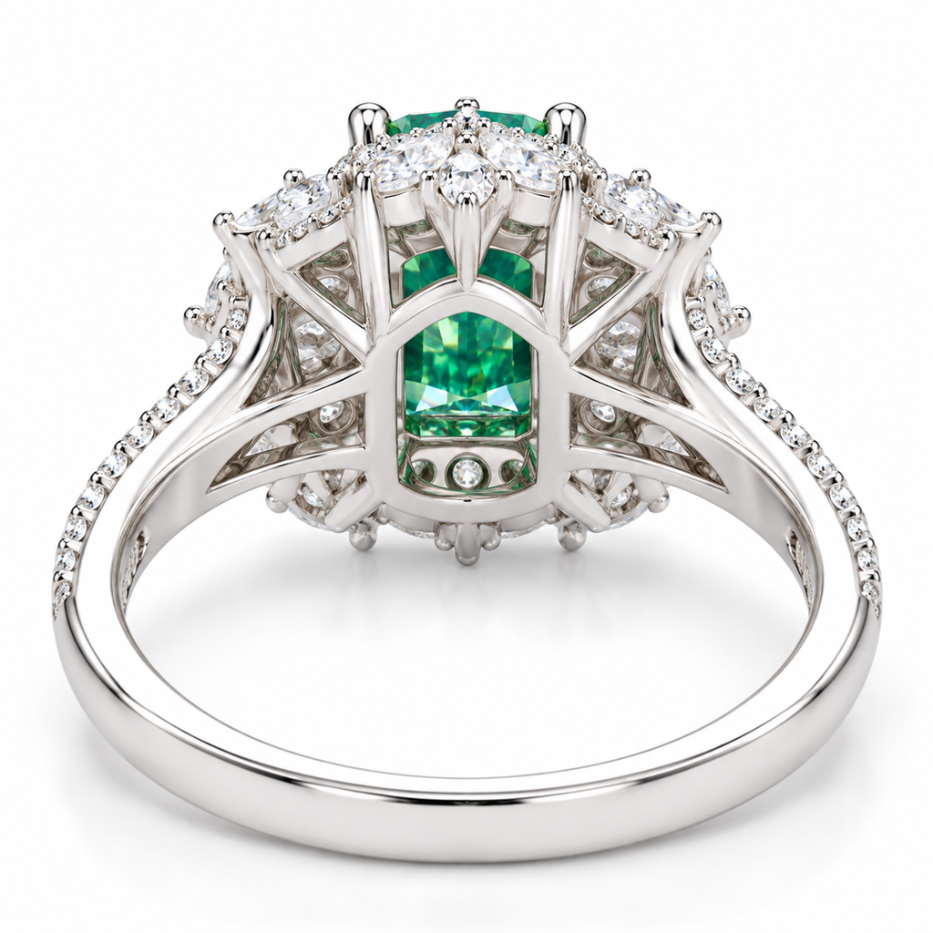 Detailed green moissanite halo ring featuring radiant cut center stone and floral-inspired gemstone setting
