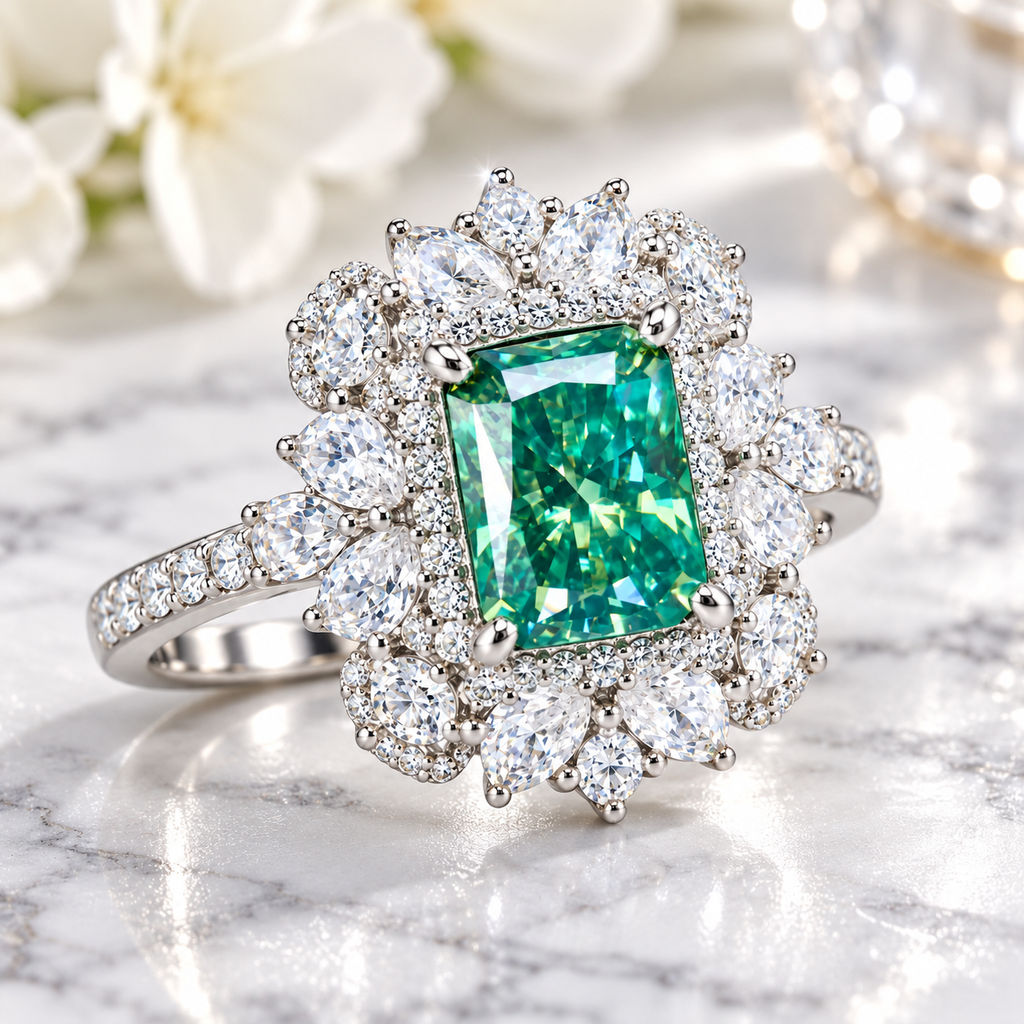 A silver-toned halo ring featuring a vibrant emerald-cut green center stone surrounded by round and marquise-cut clear stones, displayed on a white marble surface with soft white flowers in the background.
