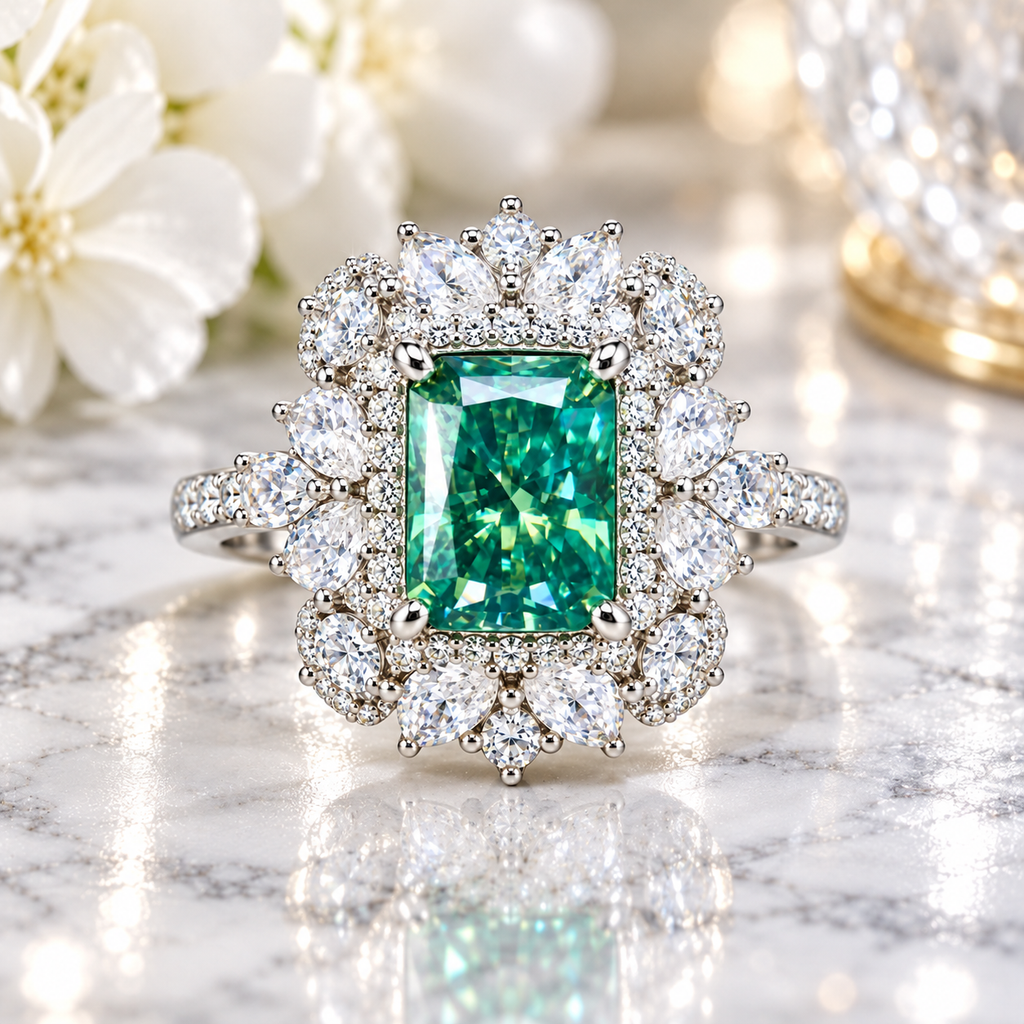 An emerald-cut diamond halo ring with a silver-colored metal band, displayed on a white marble surface with white flowers in the background.