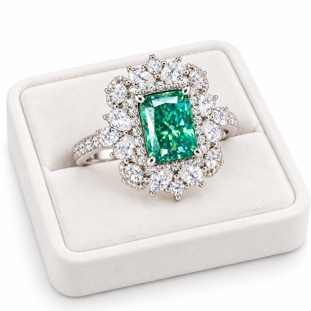 A silver-tone halo ring featuring a rectangular green emerald-cut center stone surrounded by round and marquise-cut clear stones, displayed on a cream-colored ring box.