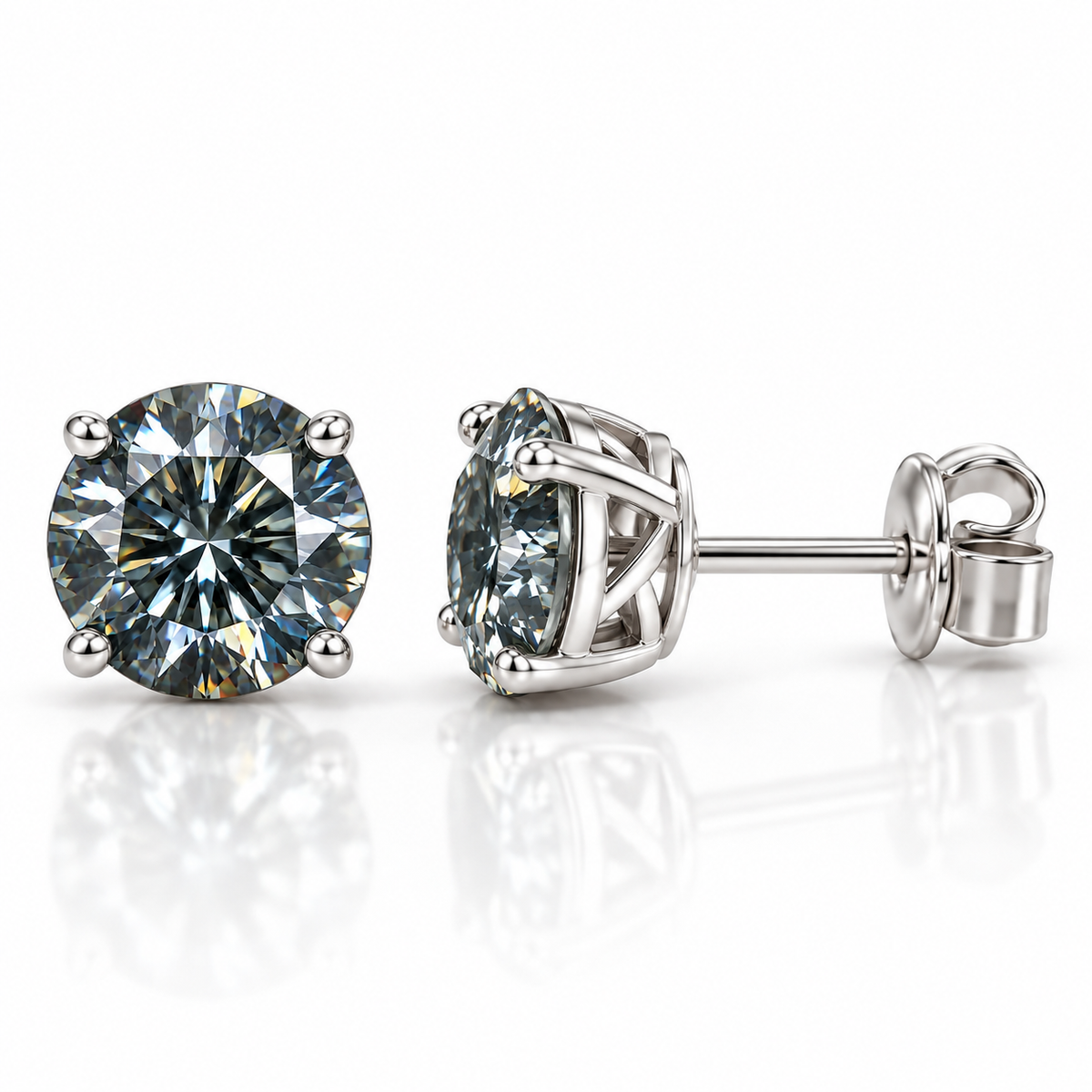 Side profile of 1 carat gray moissanite stud earrings showing the round brilliant cut gemstones and Sterling Silver settings