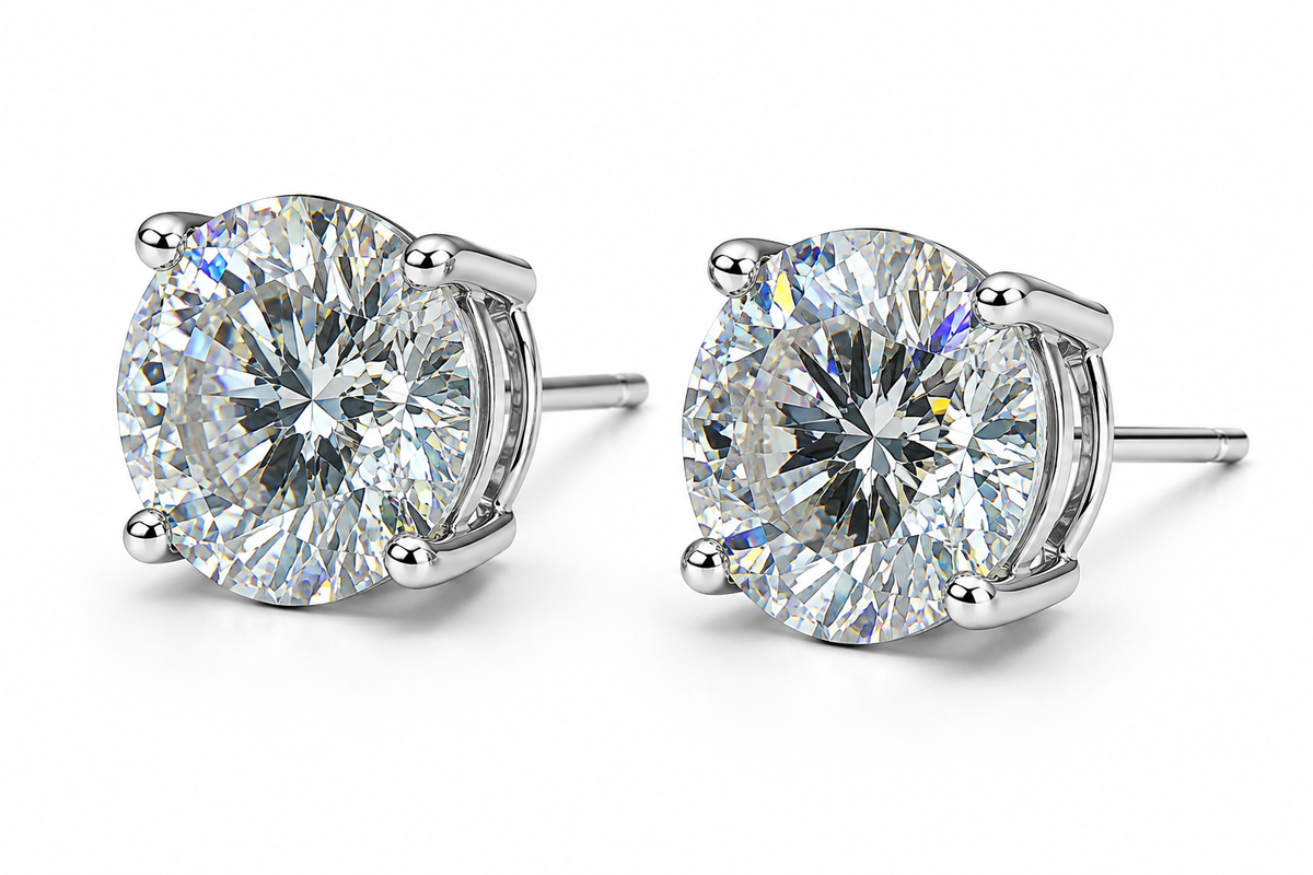 PHIMSERA VVS1 round brilliant moissanite stud earrings in platinum plated 925 sterling silver available in 1CT 2CT or 3CT sizes