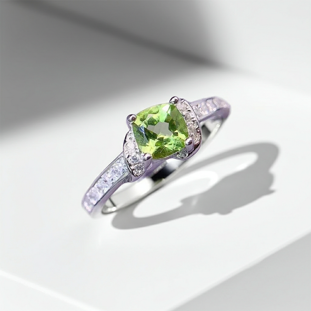 Natural Cushion Cut Peridot August Birthstone Ring with Cubic Zirconia Side Stones in 925 Sterling Silver