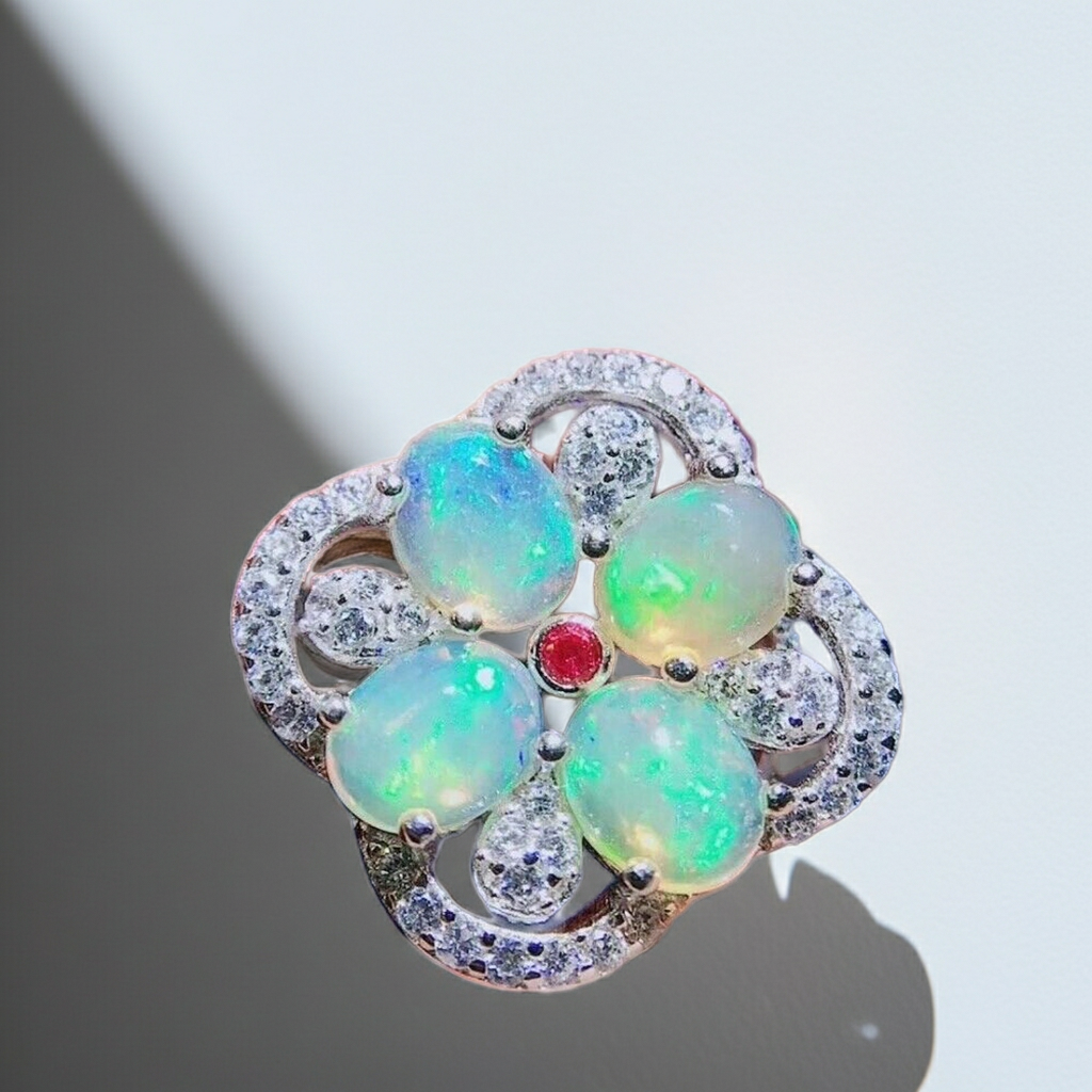 Australian Opal Cluster Ring 925 Sterling Silver Fire Opal
