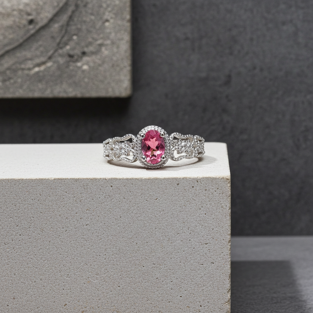 Dainty Pink Tourmaline Gemstone Ring 4x6mm Platinum Plated