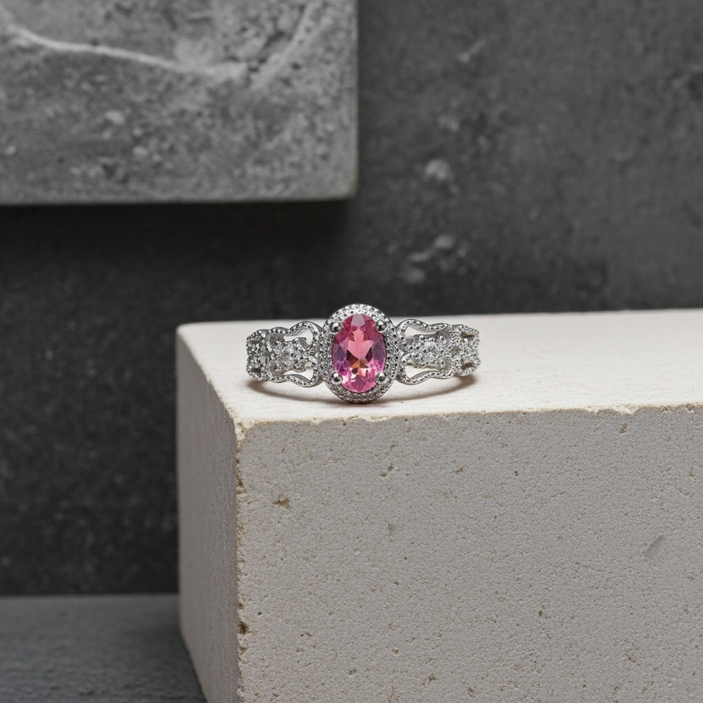 Dainty Pink Tourmaline Gemstone Ring 4x6mm Platinum Plated