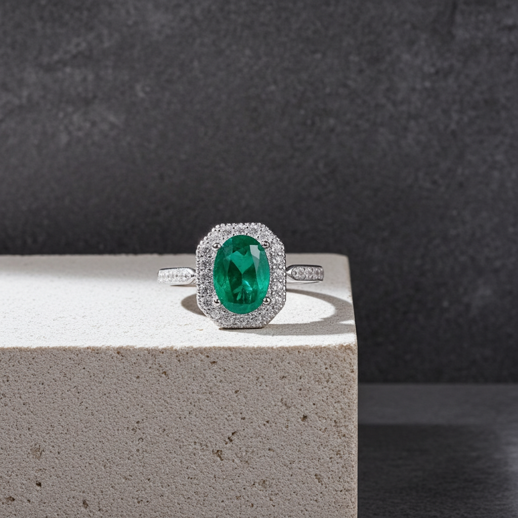 Colombian Emerald Cocktail Ring 5x7mm Sterling Silver