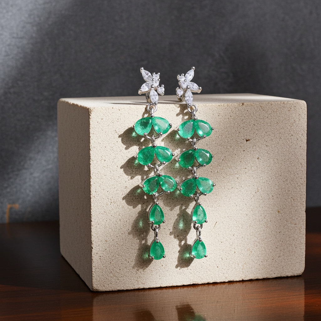 Natural Emerald Drop Dangle Leaflet Earrings 3x4mm