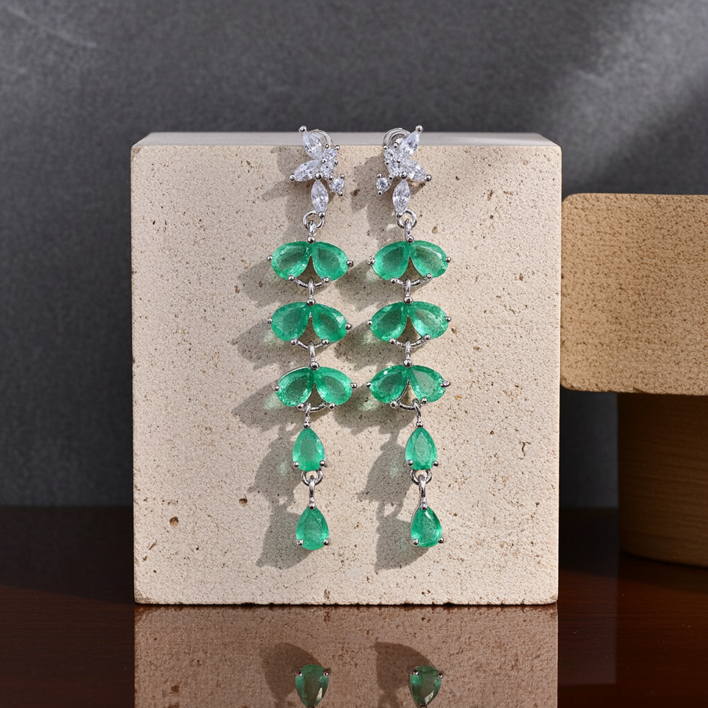 Natural Emerald Drop Dangle Leaflet Earrings 3x4mm
