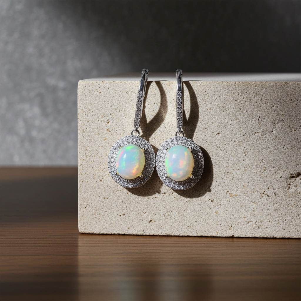 Large Fire Opal Dangle Earrings 8x10mm 925 Sterling Silver