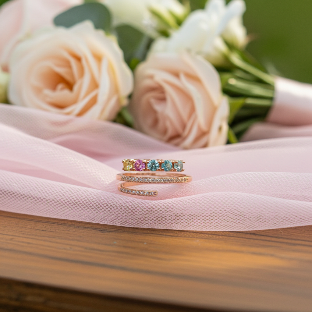 Natural Multi Tourmaline Wrap Ring with 3mm colorful gemstones and cubic zirconia accents in 925 sterling silver with platinum plated finish by PHIMSERA