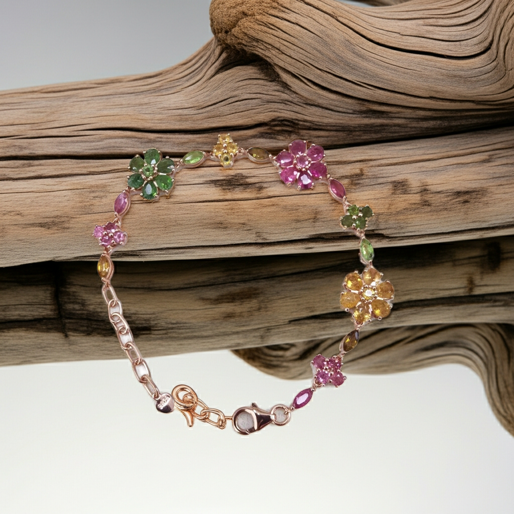 Natural Brazilian Tourmaline Tennis Bracelet, Tourmaline Flower Bracelet