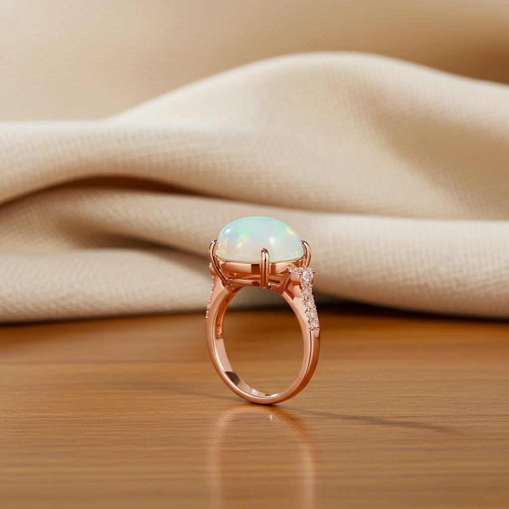 Horizontal White Fire Opal Gemstone Ring 925 Sterling Silver