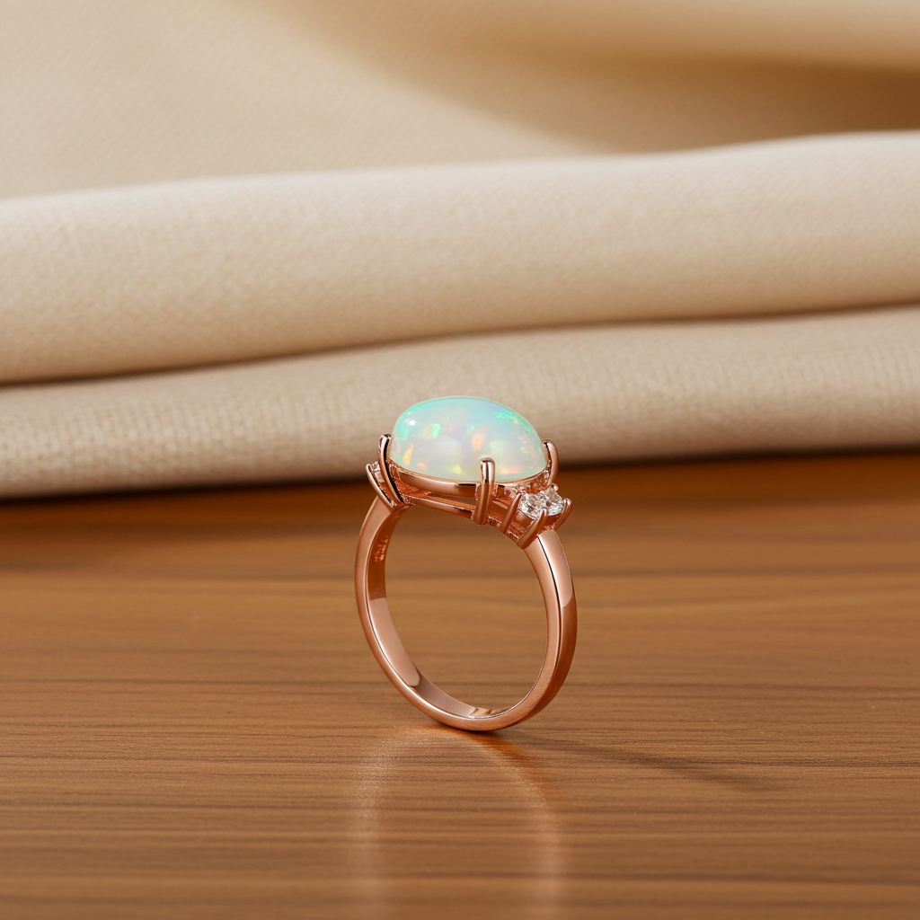 Horizontal White Fire Opal Gemstone Ring 925 Sterling Silver