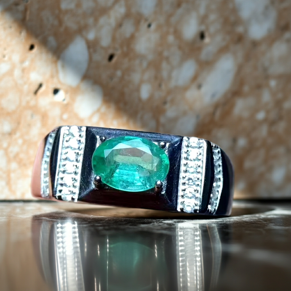 Men's Emerald Ring, Natural Emerald Men's Ring 925 Sterling Silver 5x7mm