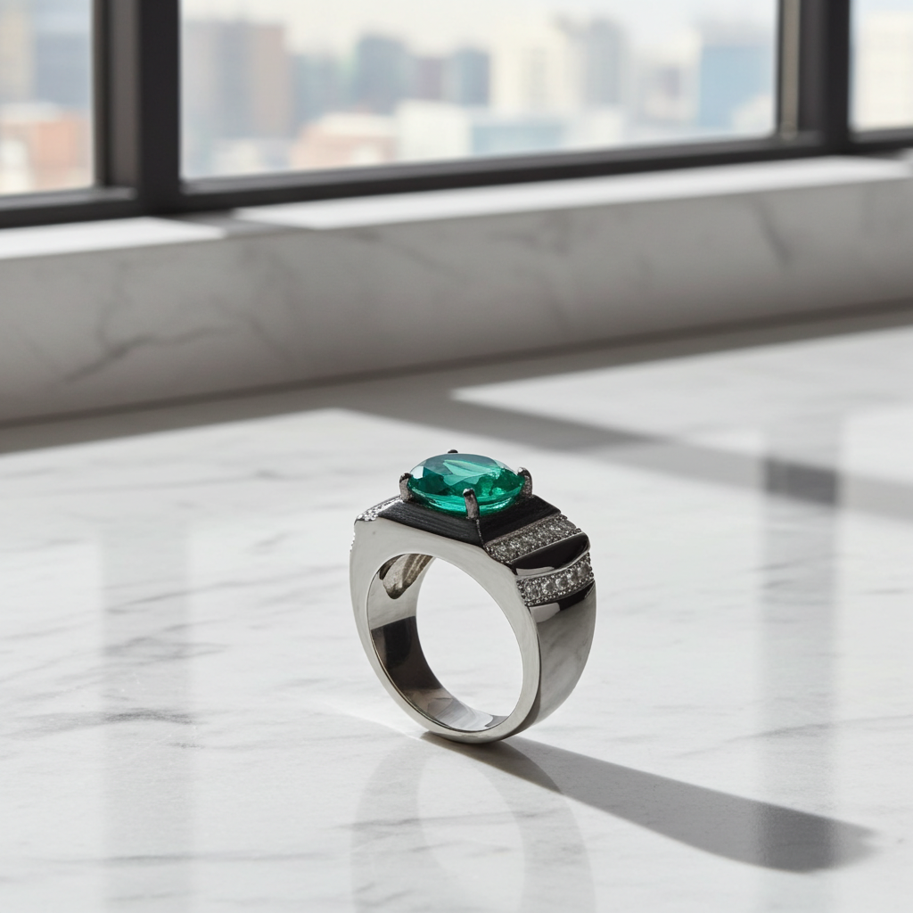 Men's Emerald Ring, Natural Emerald Men's Ring 925 Sterling Silver 5x7mm