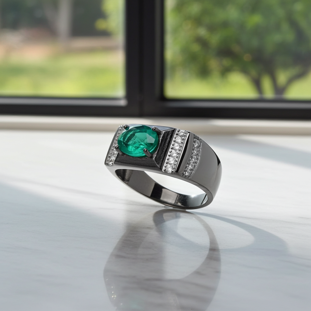 Men's Emerald Ring, Natural Emerald Men's Ring 925 Sterling Silver 5x7mm