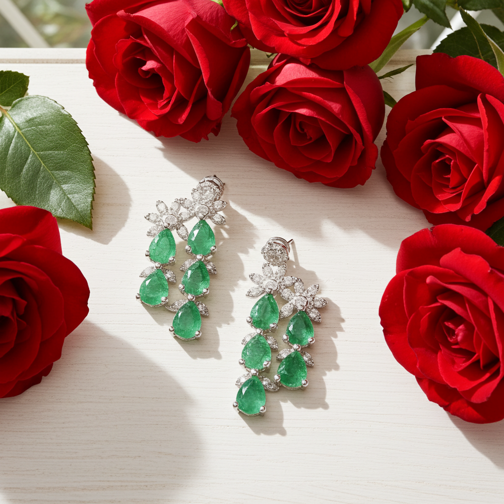 Colombian Emerald Cluster Earrings, Emerald Earrings For Women