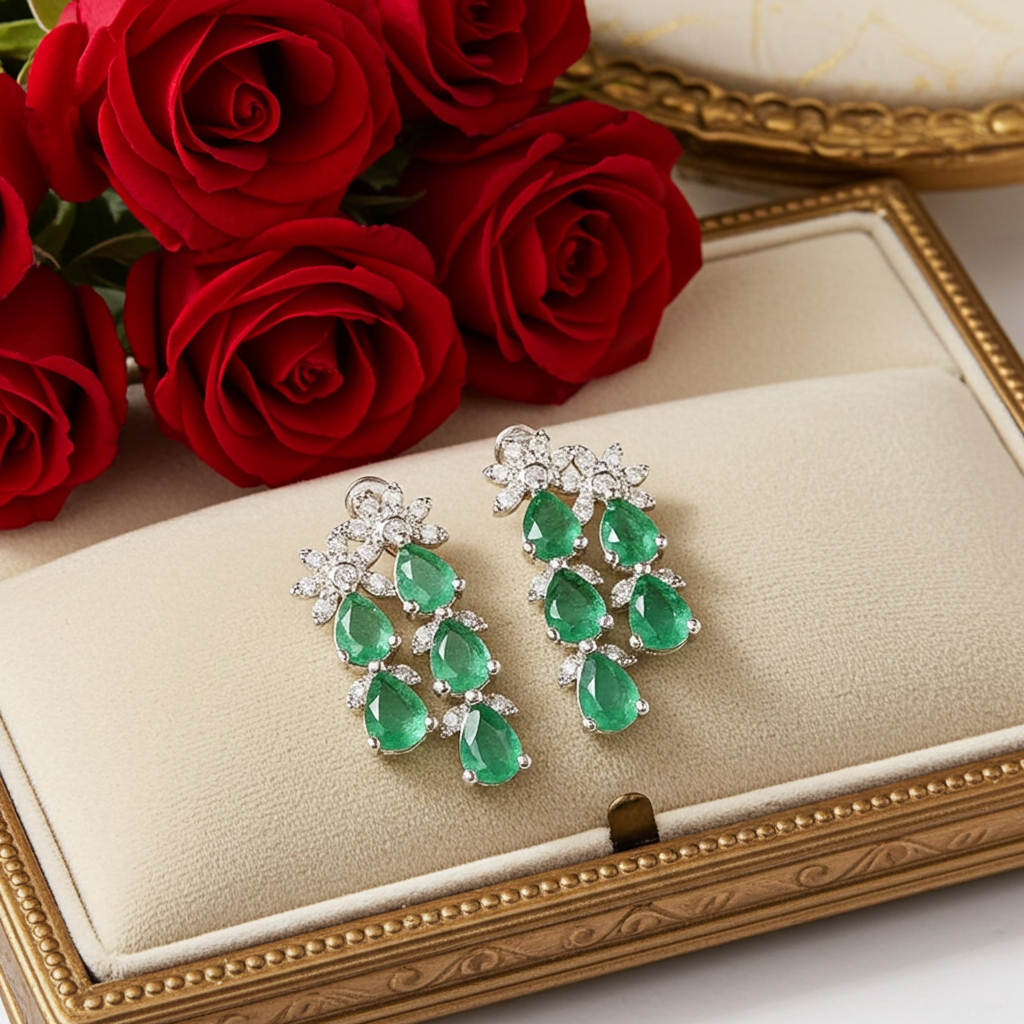 Colombian Emerald Cluster Earrings, Emerald Earrings For Women