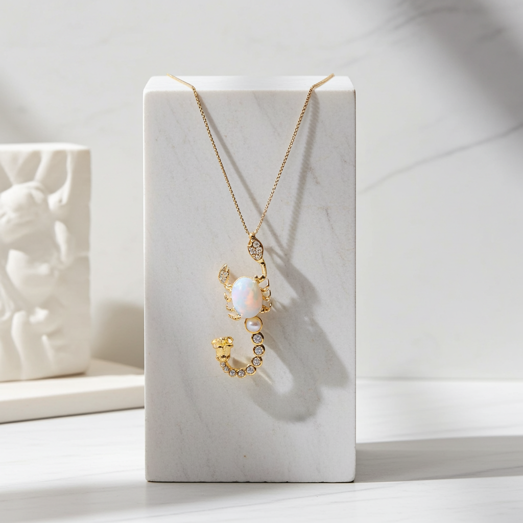 Natural White Fire Opal Scorpion Necklace 925 Sterling Silver