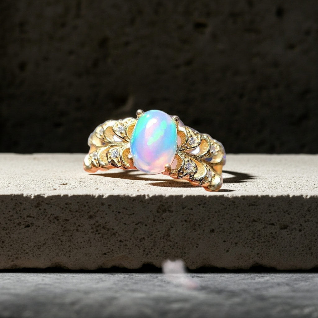 Natural White Opal Double Band Statement Ring 6x8mm