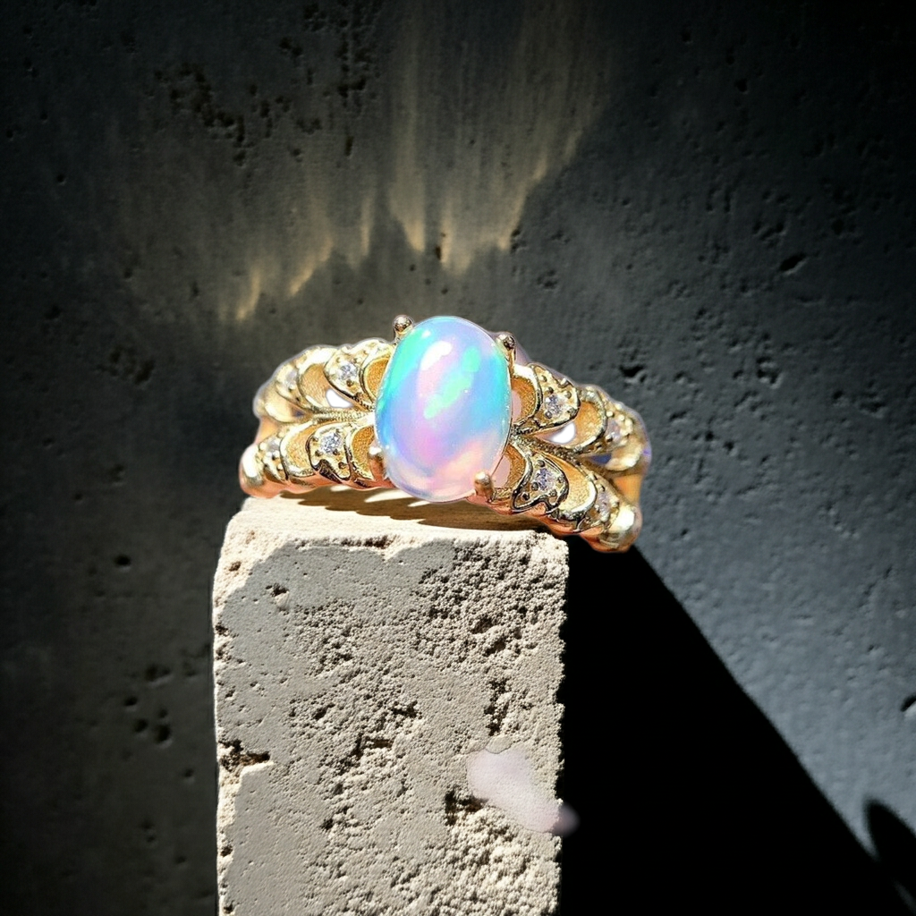 Natural White Opal Double Band Statement Ring 6x8mm