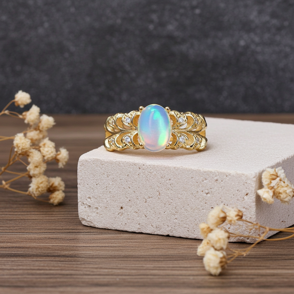 Natural White Opal Double Band Statement Ring 6x8mm
