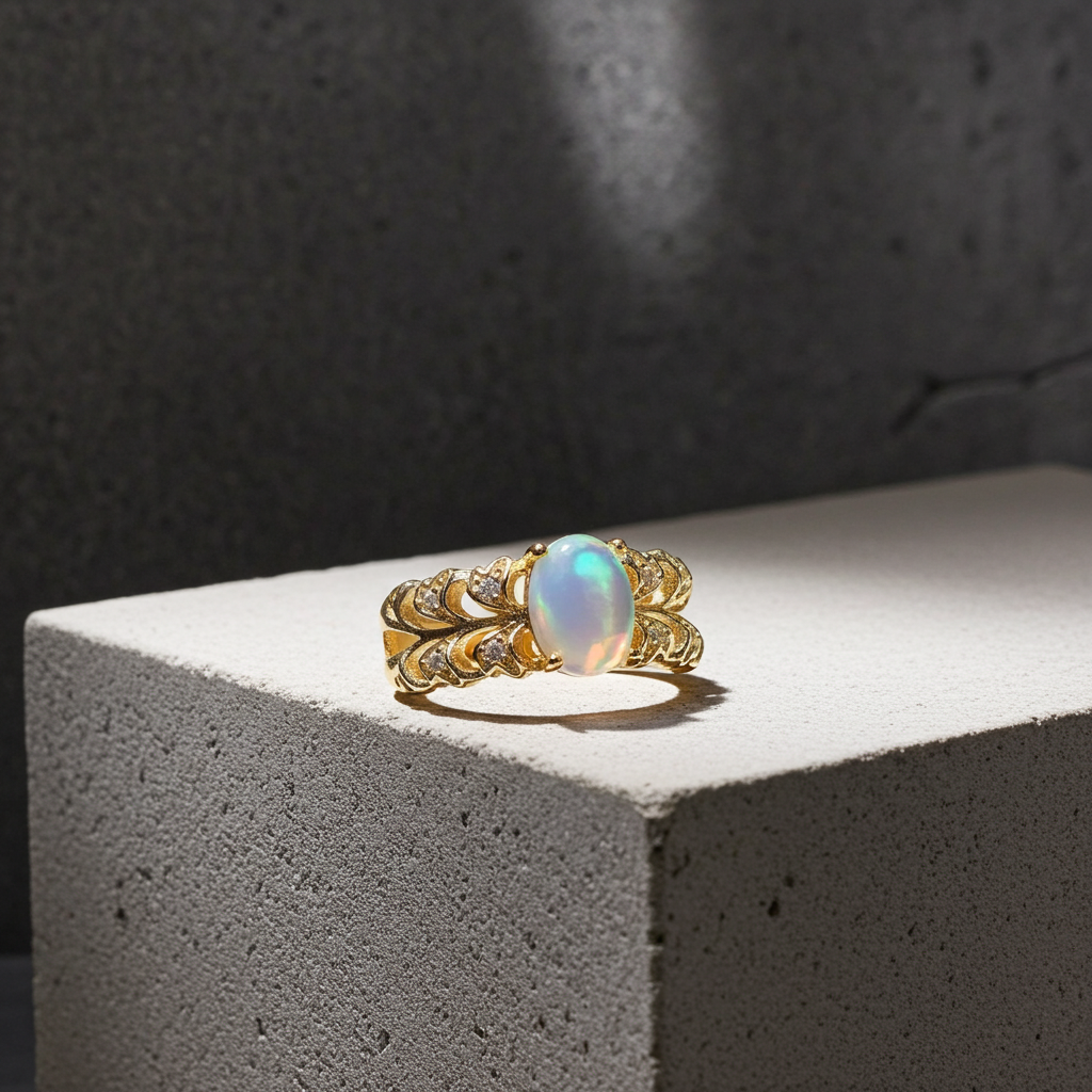 Natural White Opal Double Band Statement Ring 6x8mm