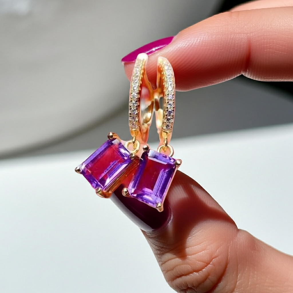 1CT Natural Emerald Cut Amethyst Gemstone Earrings