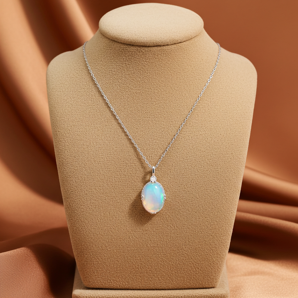 Australian Fire Opal Pendant Necklace 10x14mm 925 Sterling Silver