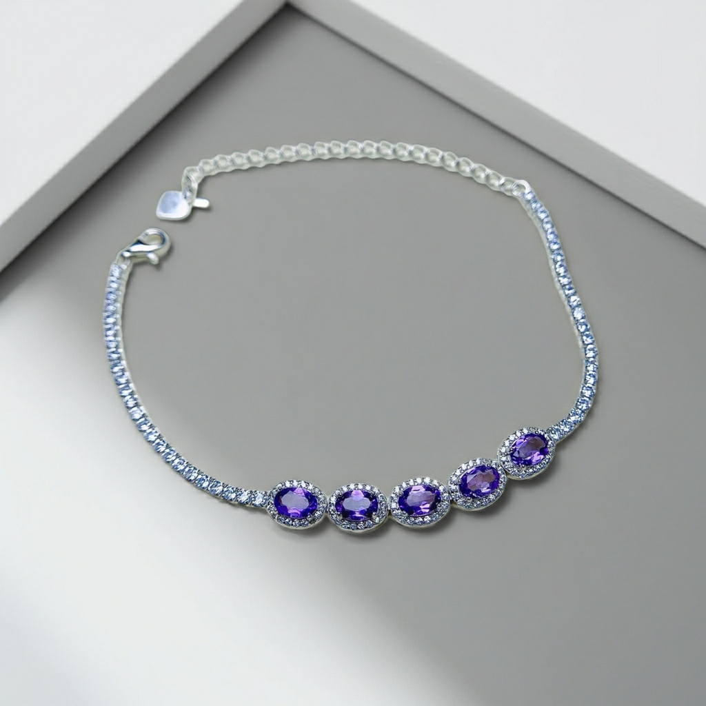 Natural Amethyst and Cubic Zirconia Tennis Bracelet 4x6mm