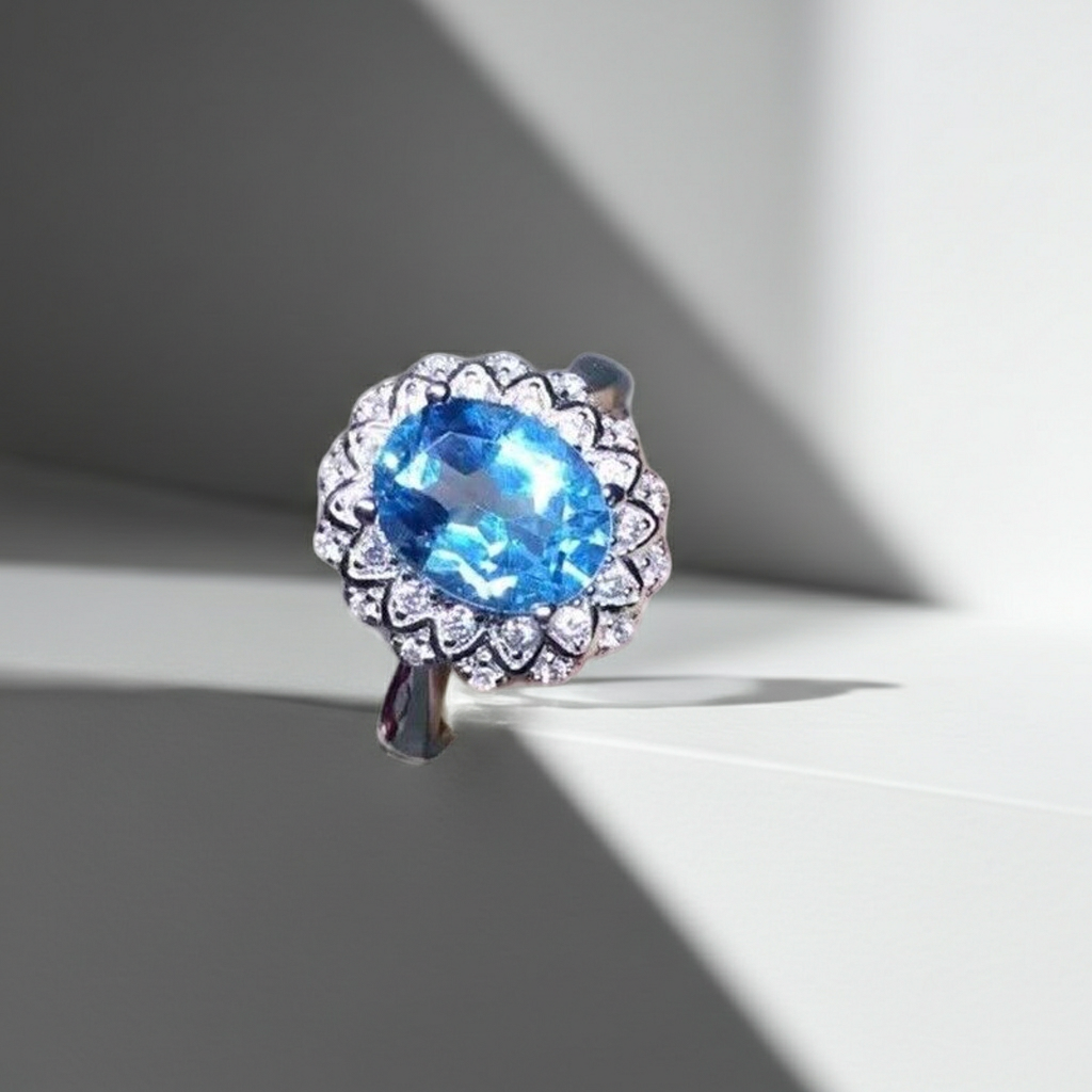 Blue Topaz Gemstone Ring Oval Cut 7x9mm