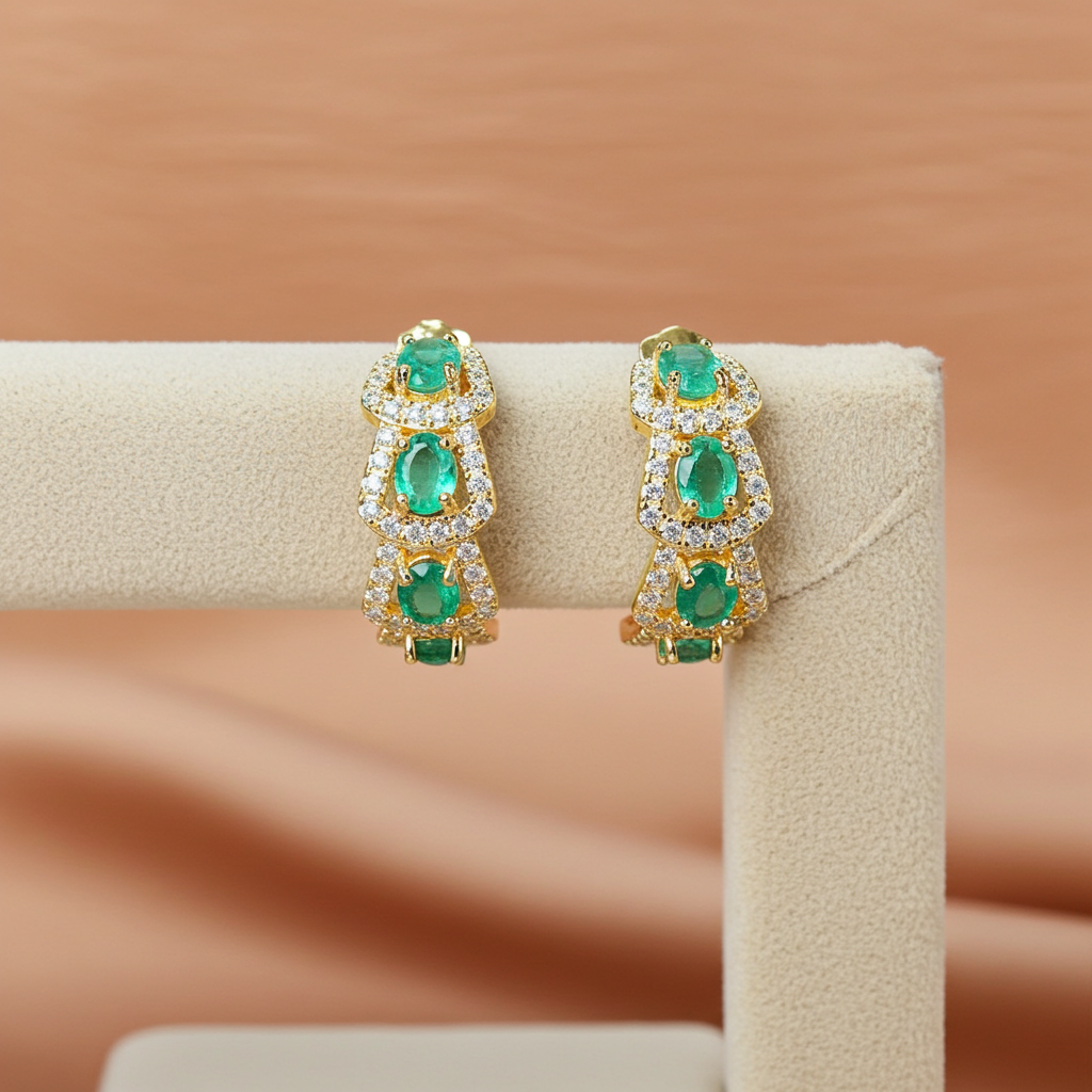 Natural Emerald Hoop Earrings 14k Gold Plated, Emerald Jewelry