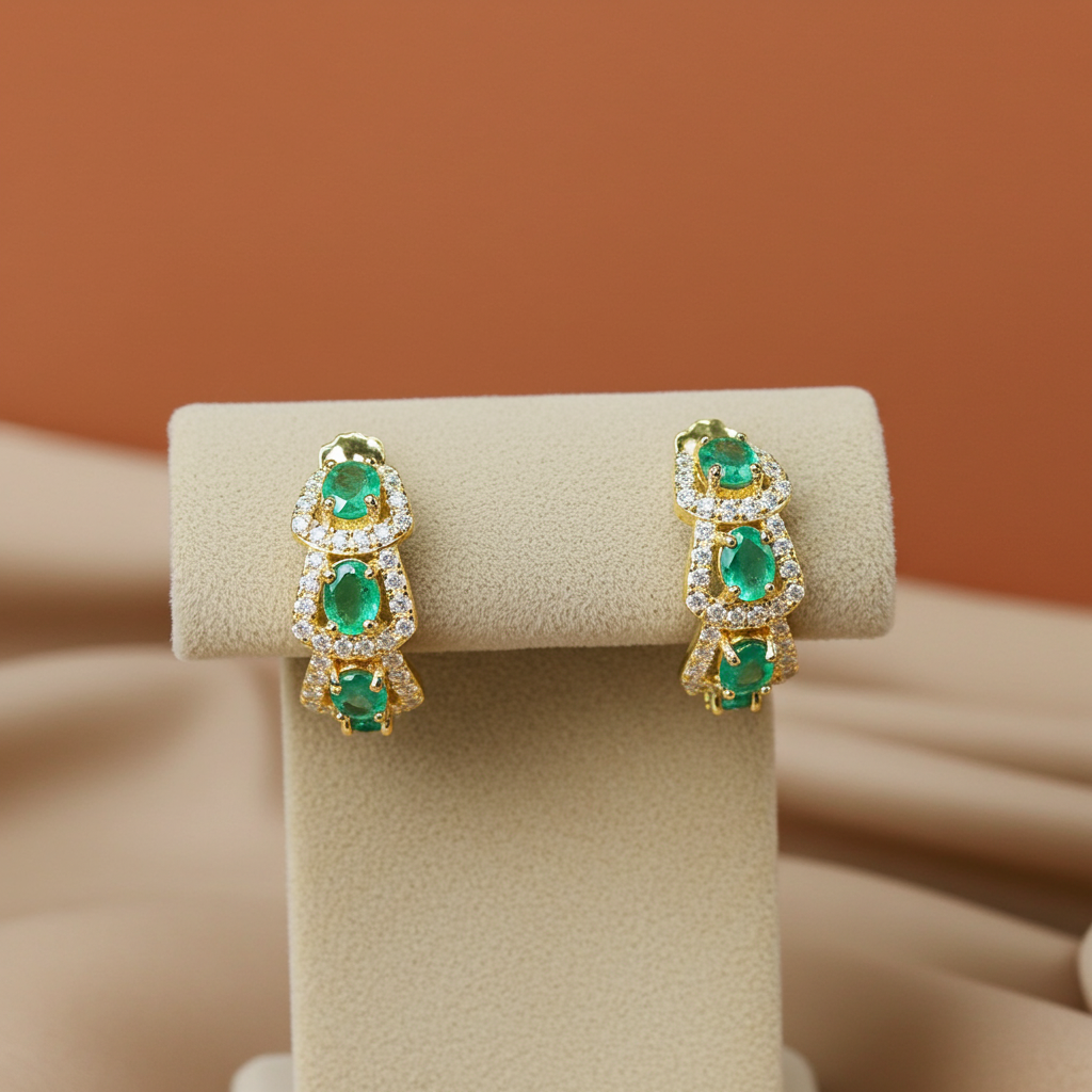Natural Emerald Hoop Earrings 14k Gold Plated, Emerald Jewelry