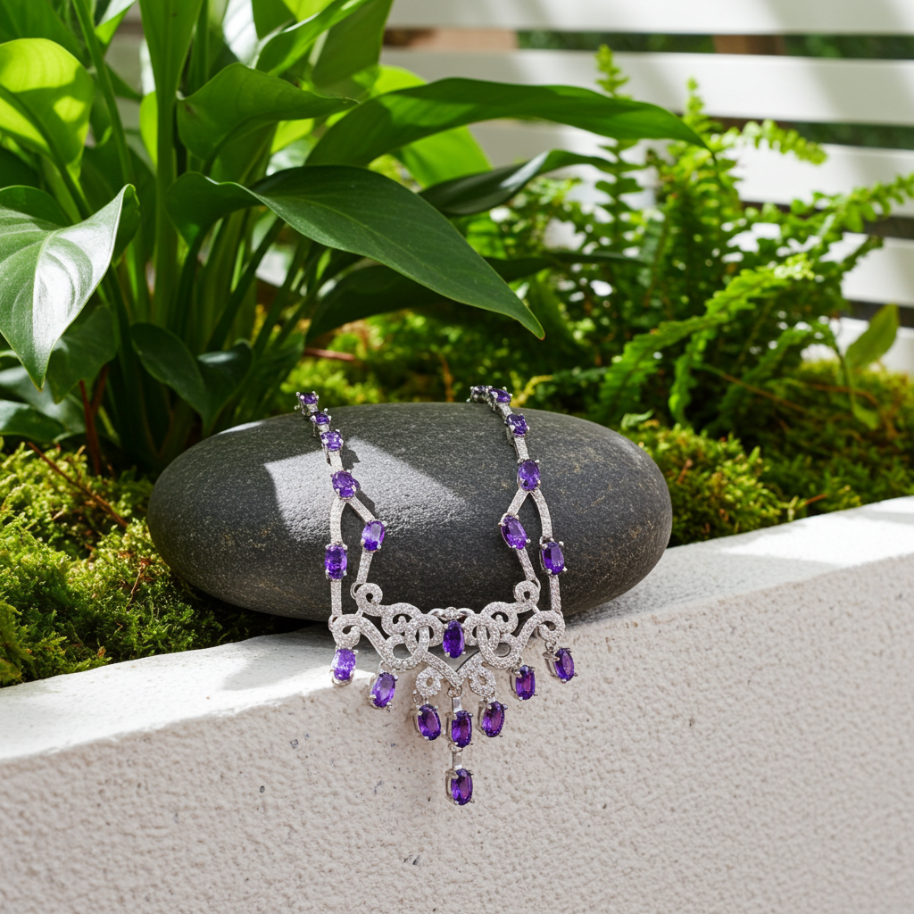 Purple Amethyst Statement Necklace, Natural Amethyst Gemstone Necklace 925