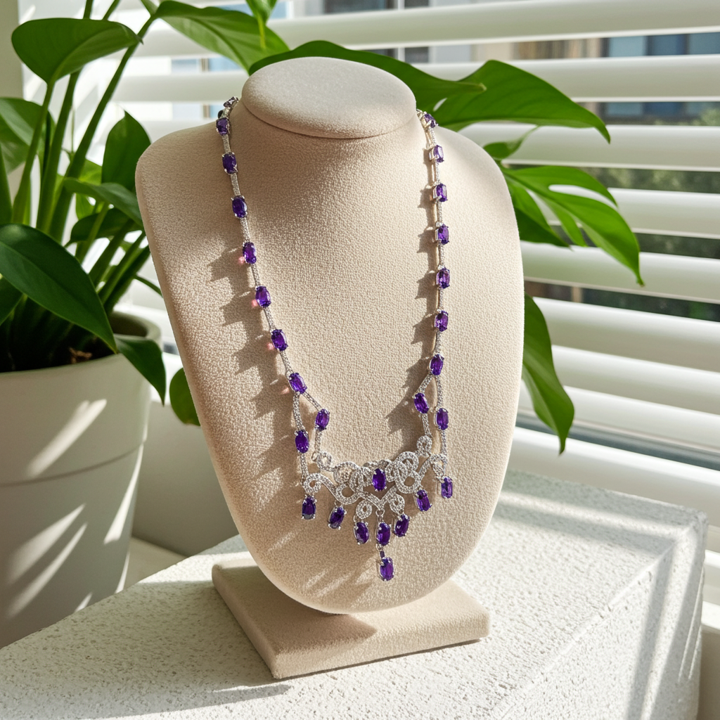 Purple Amethyst Statement Necklace, Natural Amethyst Gemstone Necklace 925