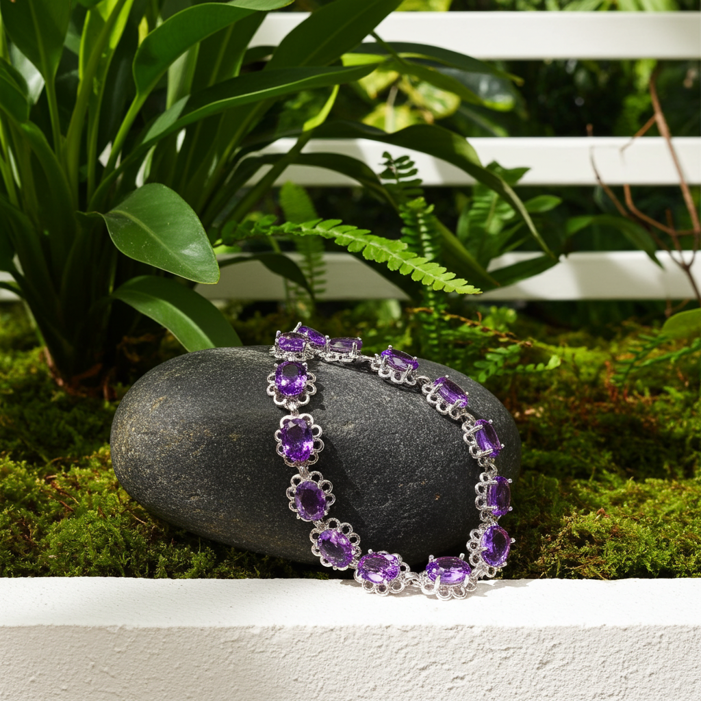 Natural Amethyst Flower Bracelet 5x7mm Sterling Silver