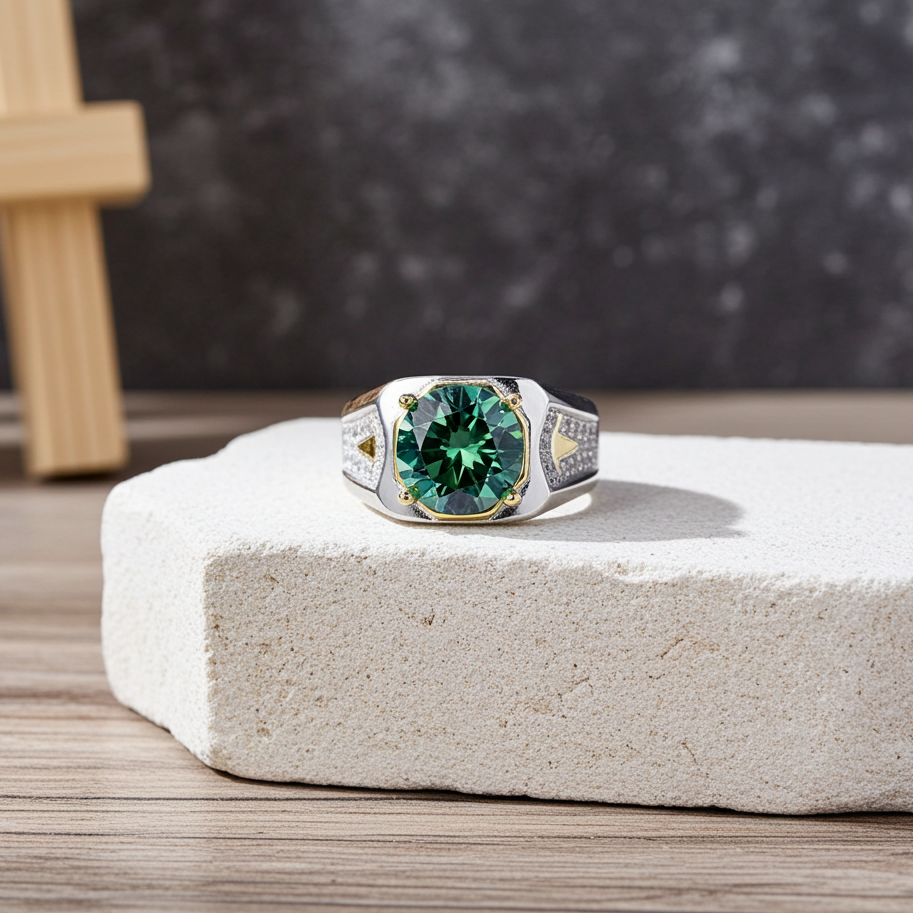 2CT VVS1 Men's Green Moissanite Ring Round Brilliant Cut