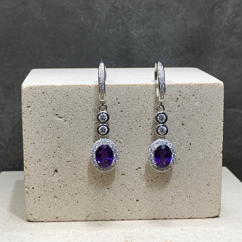 Purple Amethyst Long Dangle Earrings 5x7mm 925 Sterling Silver