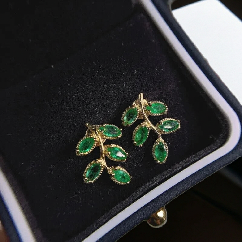 Natural Zambian Emerald Leaf Stud Earrings 14k Gold Plated