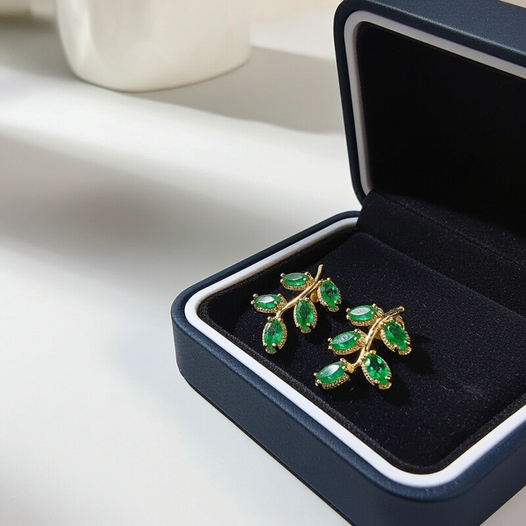 Natural Zambian Emerald Leaf Stud Earrings 14k Gold Plated