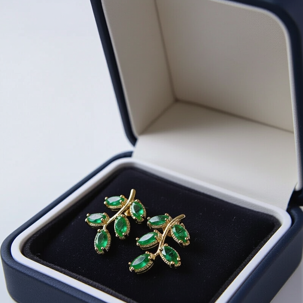Natural Zambian Emerald Leaf Stud Earrings 14k Gold Plated