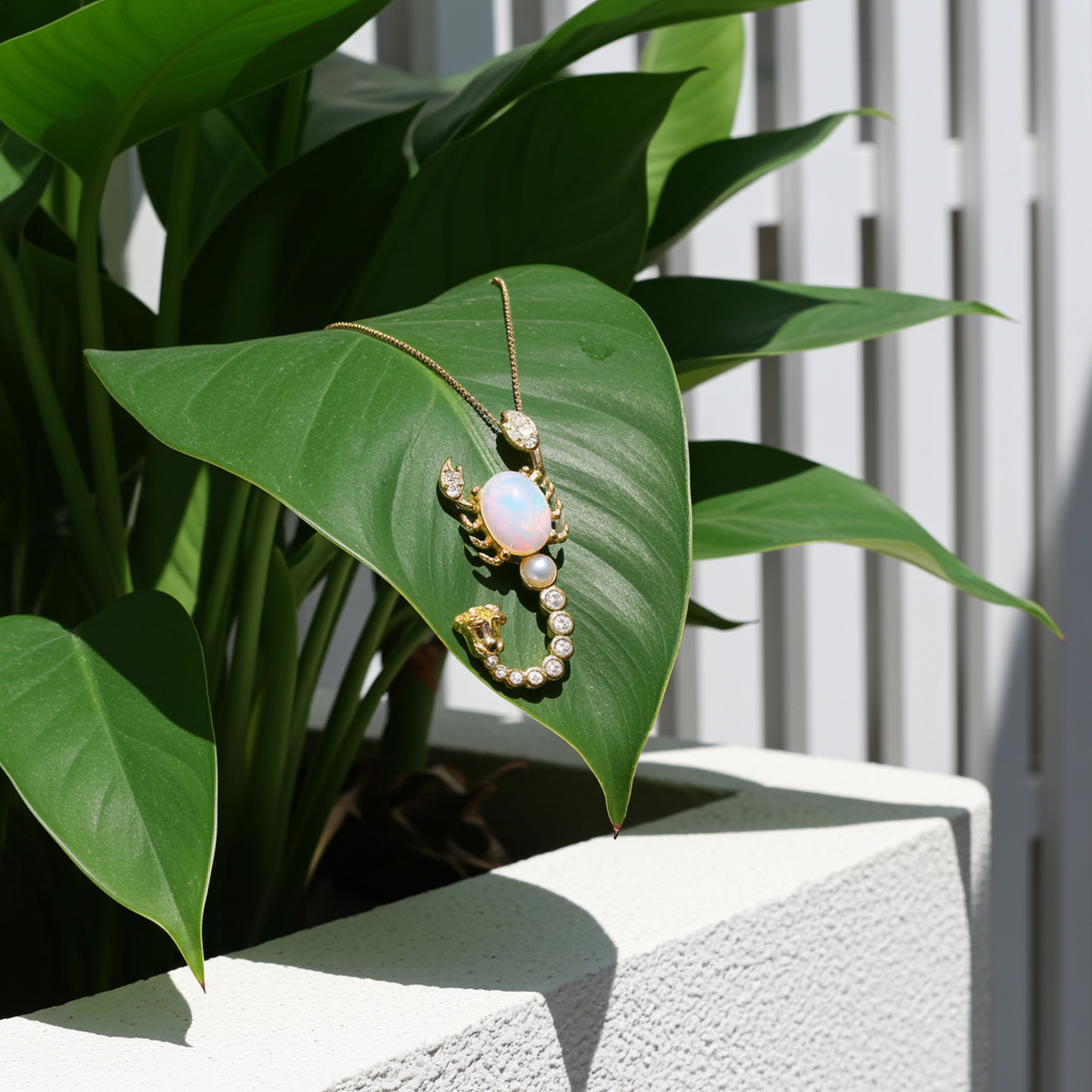 Natural White Fire Opal Scorpion Necklace 925 Sterling Silver