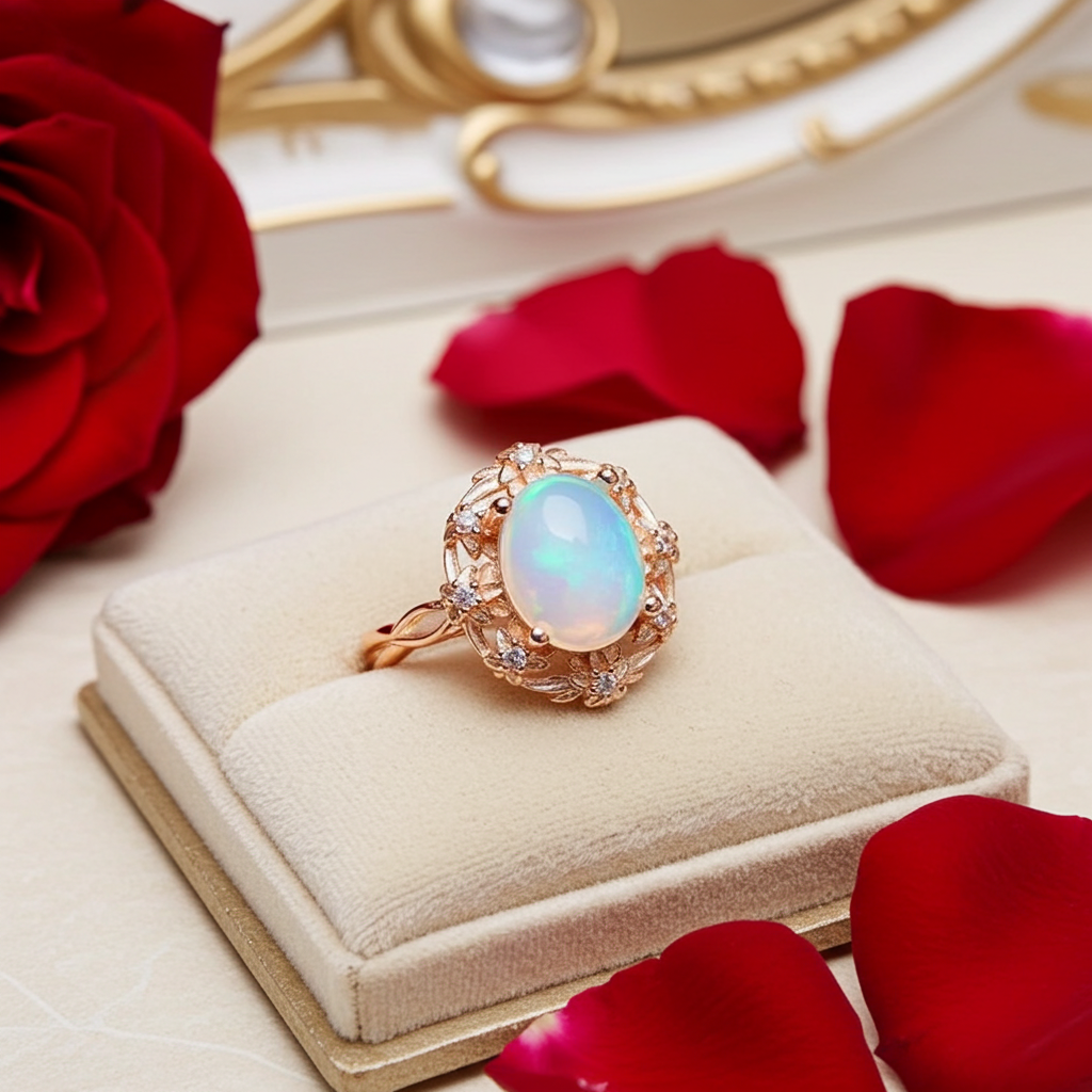 Fire Opal Statement Ring 8x10mm 1.7CT, Natural Fire Opal Ring