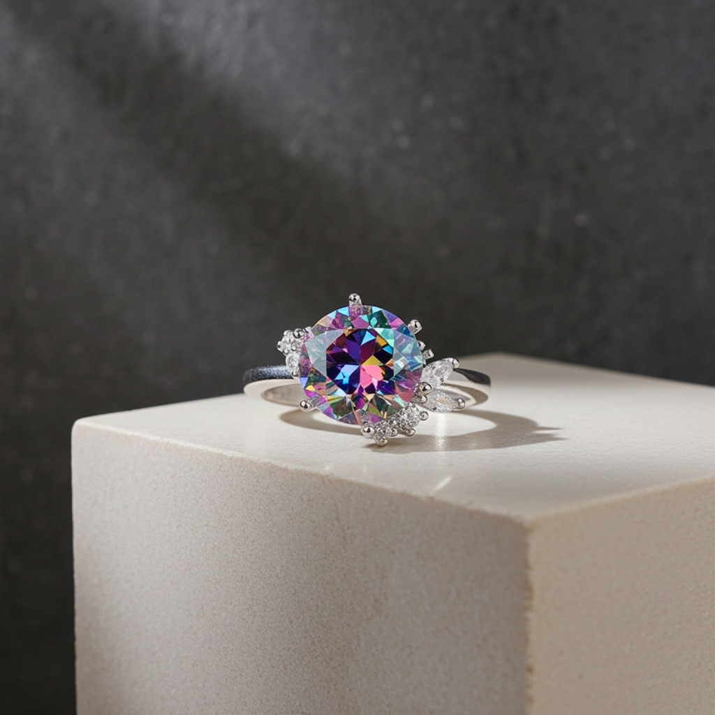 2CT VVS1 Round Brilliant Cut Iridescent Rainbow Moissanite Ring 8mm