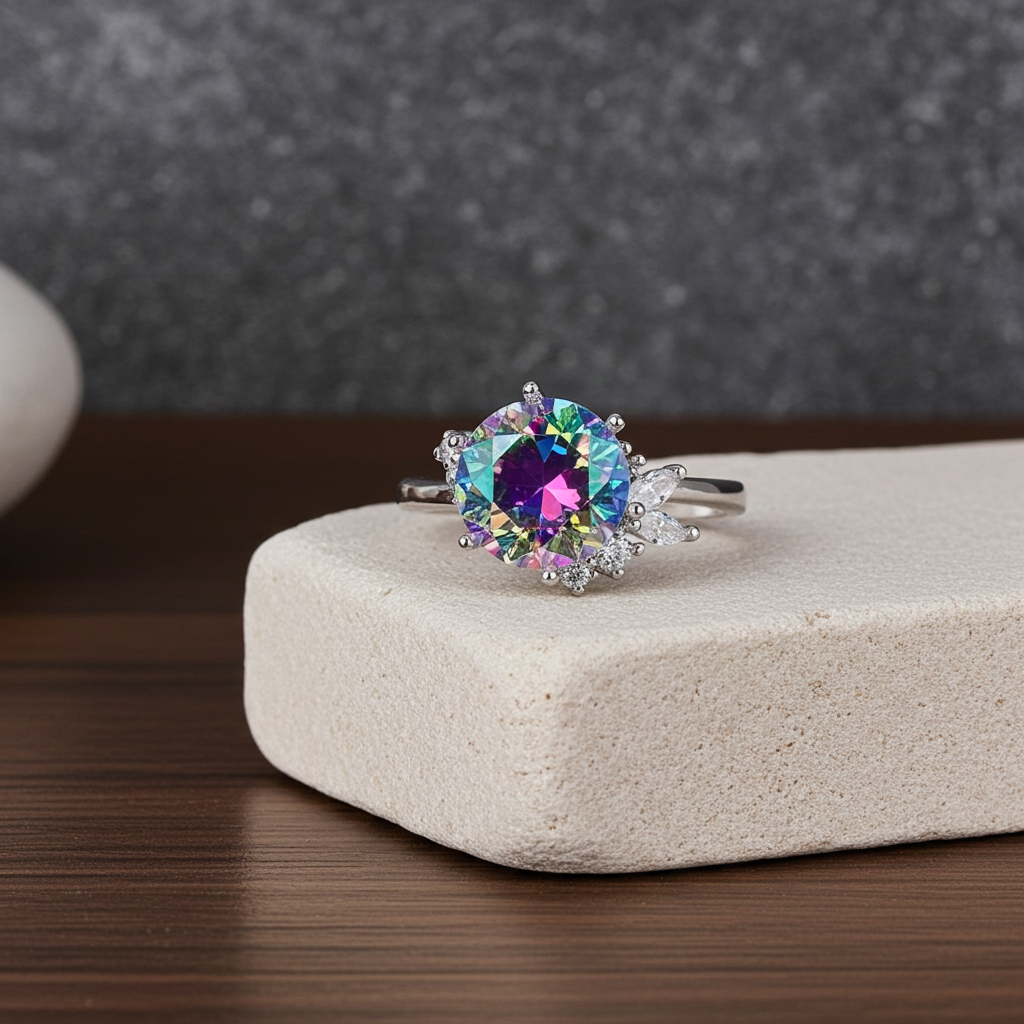 2CT VVS1 Round Brilliant Cut Iridescent Rainbow Moissanite Ring 8mm