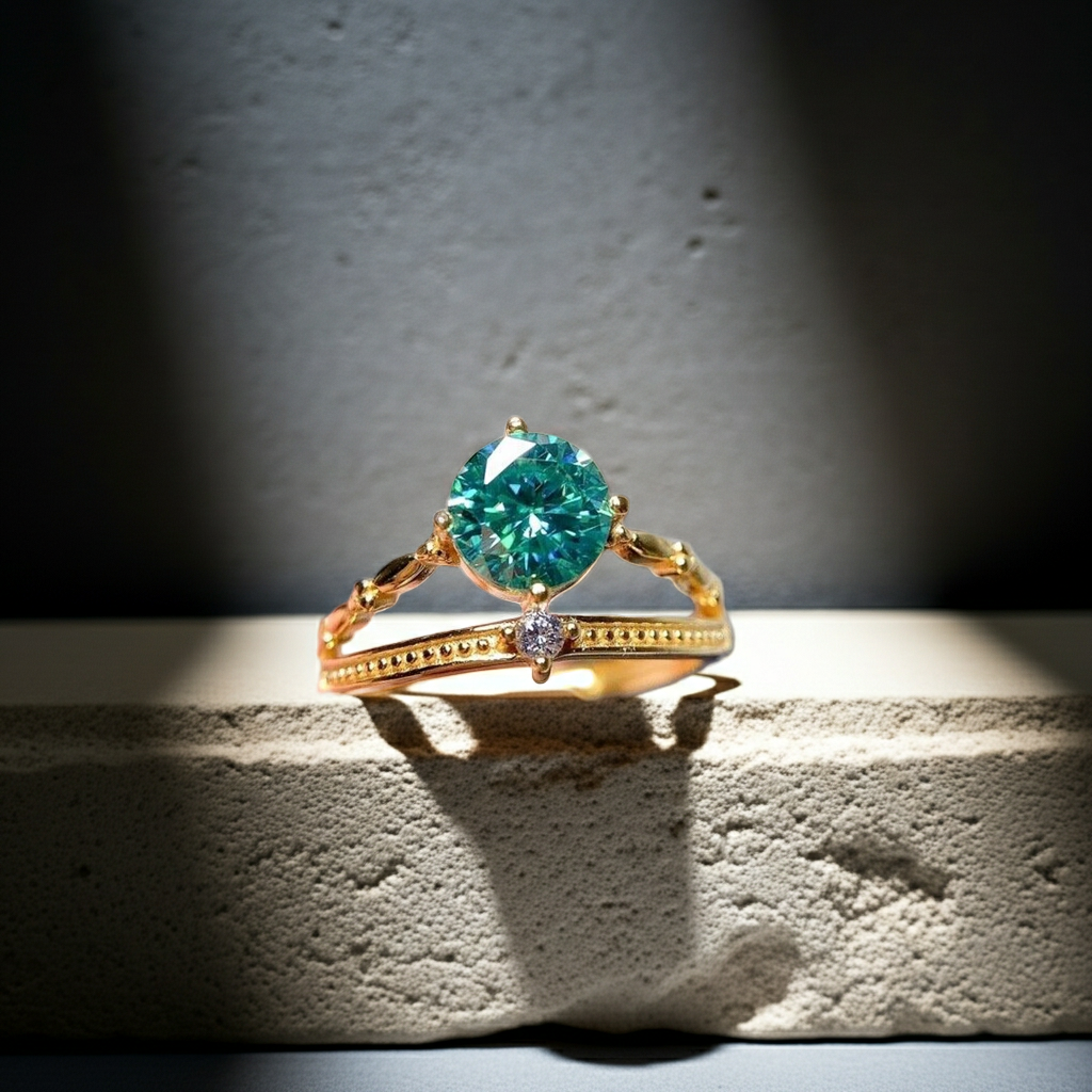 VVS1 1 CT Green Moissanite Ring Round Brilliant Cut