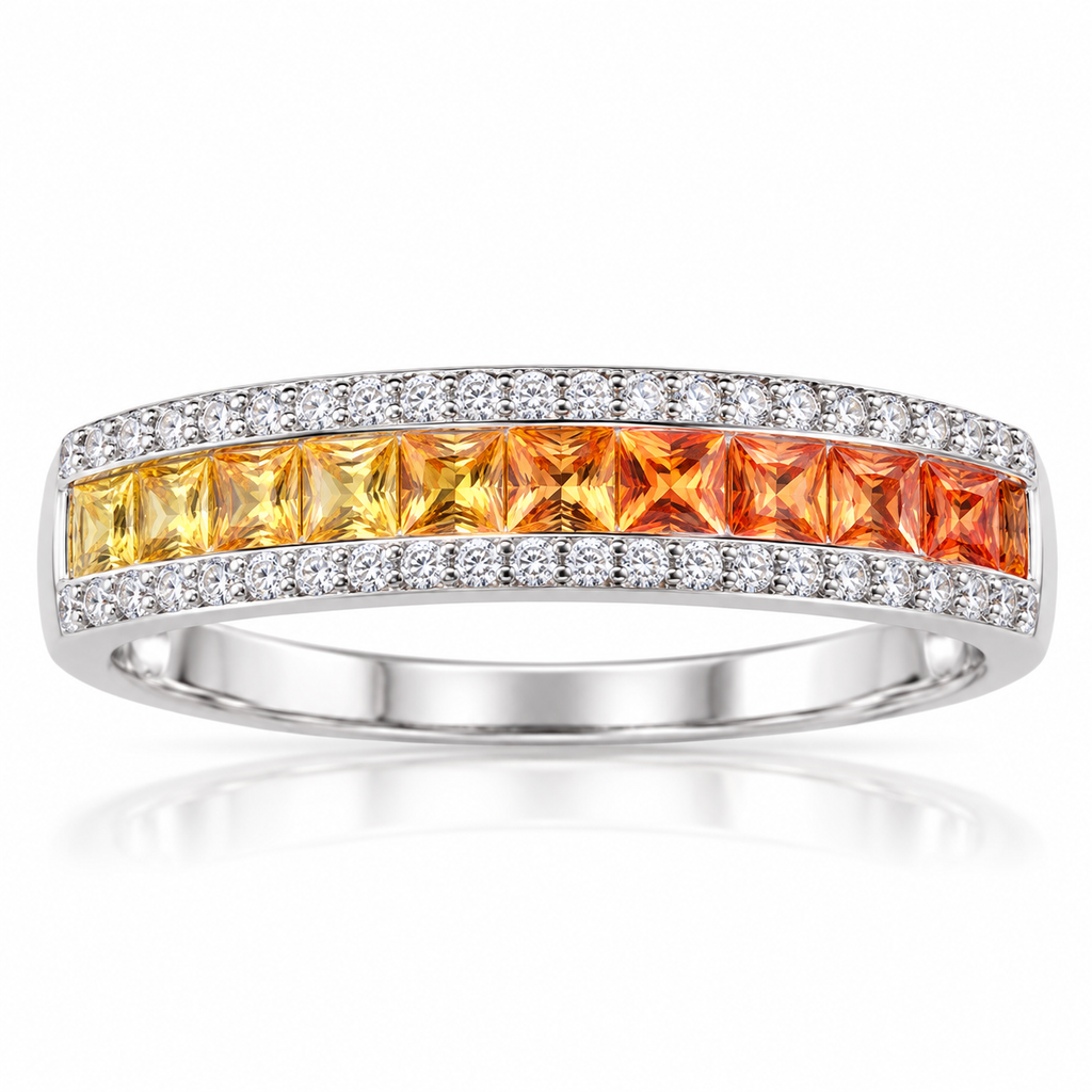 Natural yellow to orange sapphire gradient ring featuring square 2.2mm sapphire gemstones in an elegant arrangement.